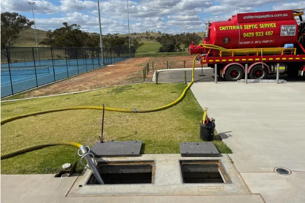Chittering Septic Service vacuum tanker pumping out a septic system at a sports facility
